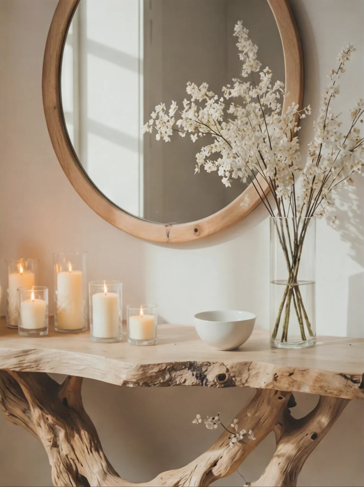 Consoletafel van boomrand hout met sfeerkaarsen en witte bloemen in de hal