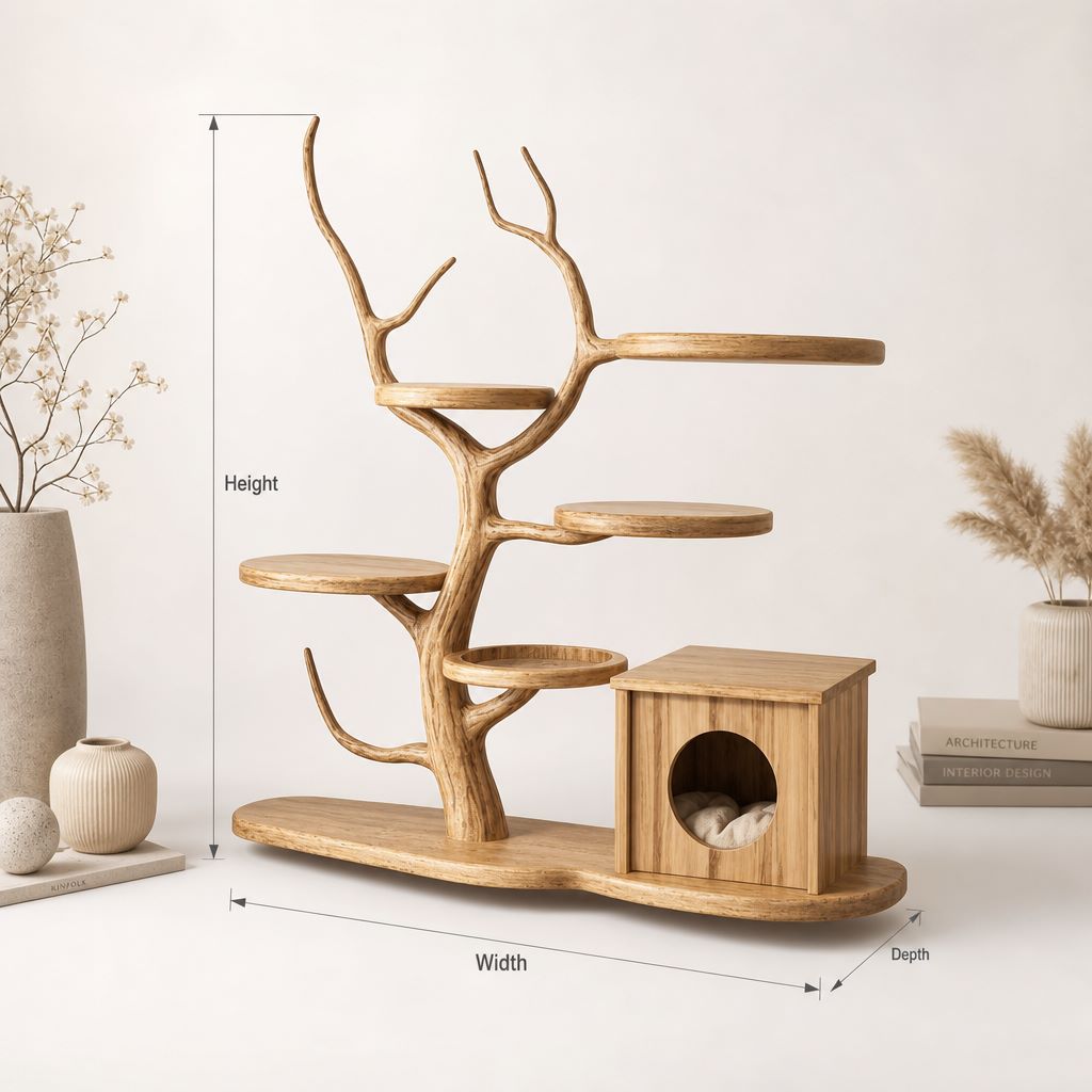 Mid-Century Houten Krabpaal - Modern Boom Klimmeubel voor Katten