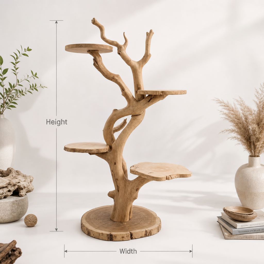 Houten krabpaal met natuurlijke boomrand plateaus en robuuste voet
