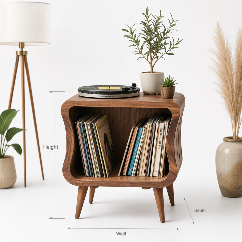 Mid-Century Platenspeler Meubel - Massief Hout Vinyl Kast