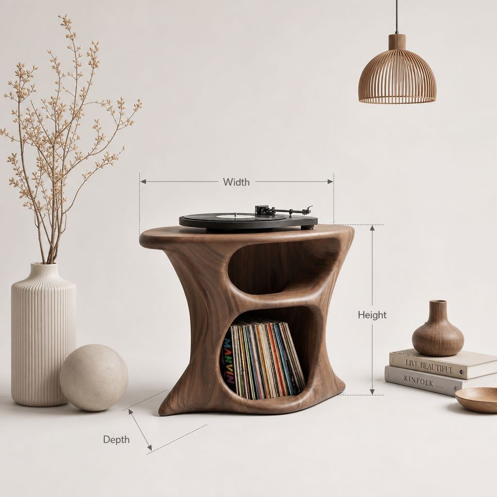 Organisch Platenspeler Meubel - Sculpturale Vinyl Opslag Hout