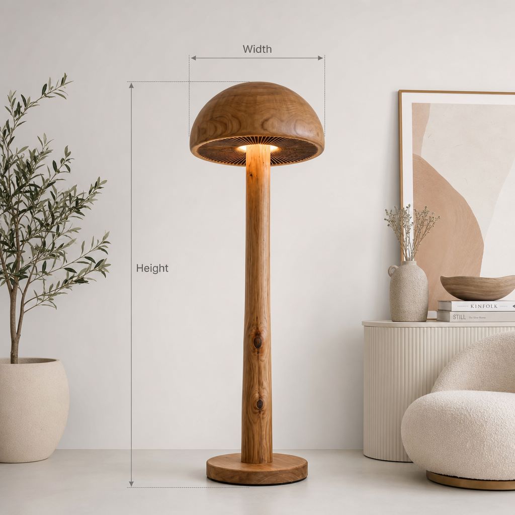 Diepe Koepel Paddenstoel Vloerlamp - Massief Hout met Lamellen