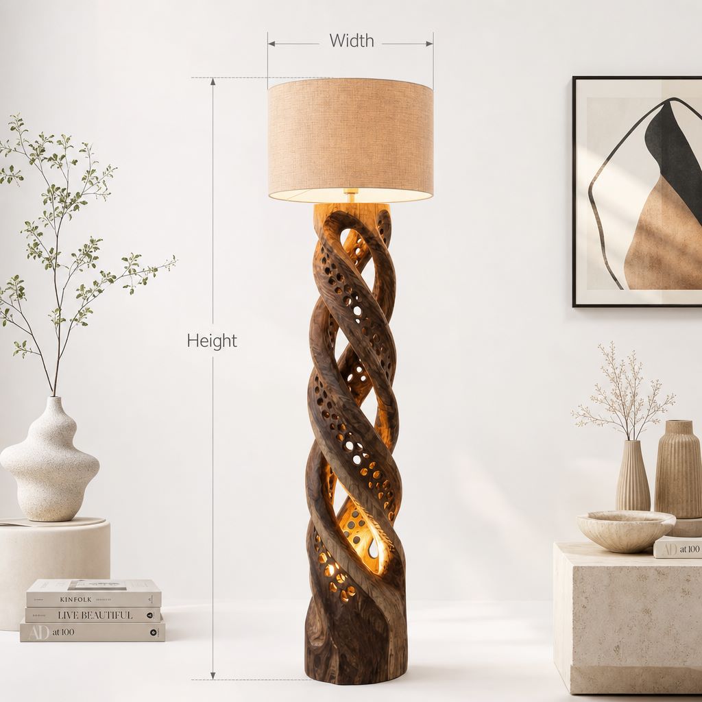 Gedraaide Drijfhout Vloerlamp - Stoffen Kap & Massief Hout
