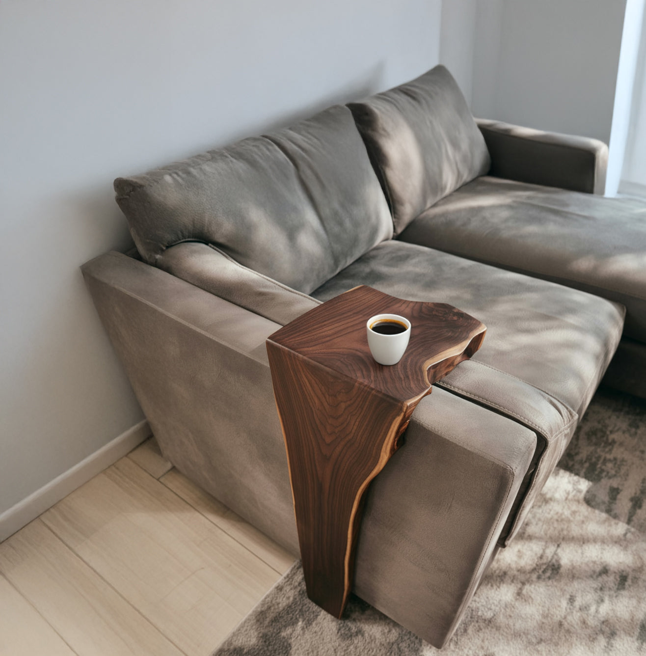 Handmade Solid Wood Sofa Arm Table – Farmhouse Couch Storage, Reclaimed Wood Armrest Shelf