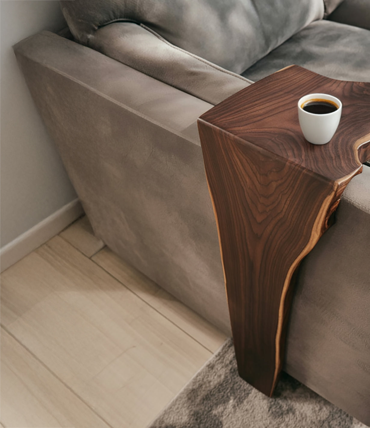 Handmade Solid Wood Sofa Arm Table – Farmhouse Couch Storage, Reclaimed Wood Armrest Shelf