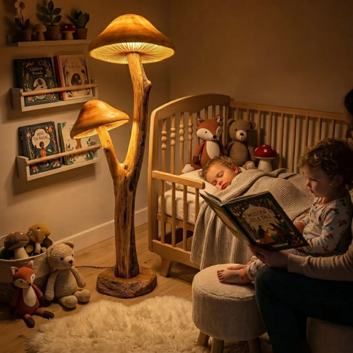 Dubbele Kinderkamer Paddenstoel Vloerlamp - Zacht Nachtlicht Hout