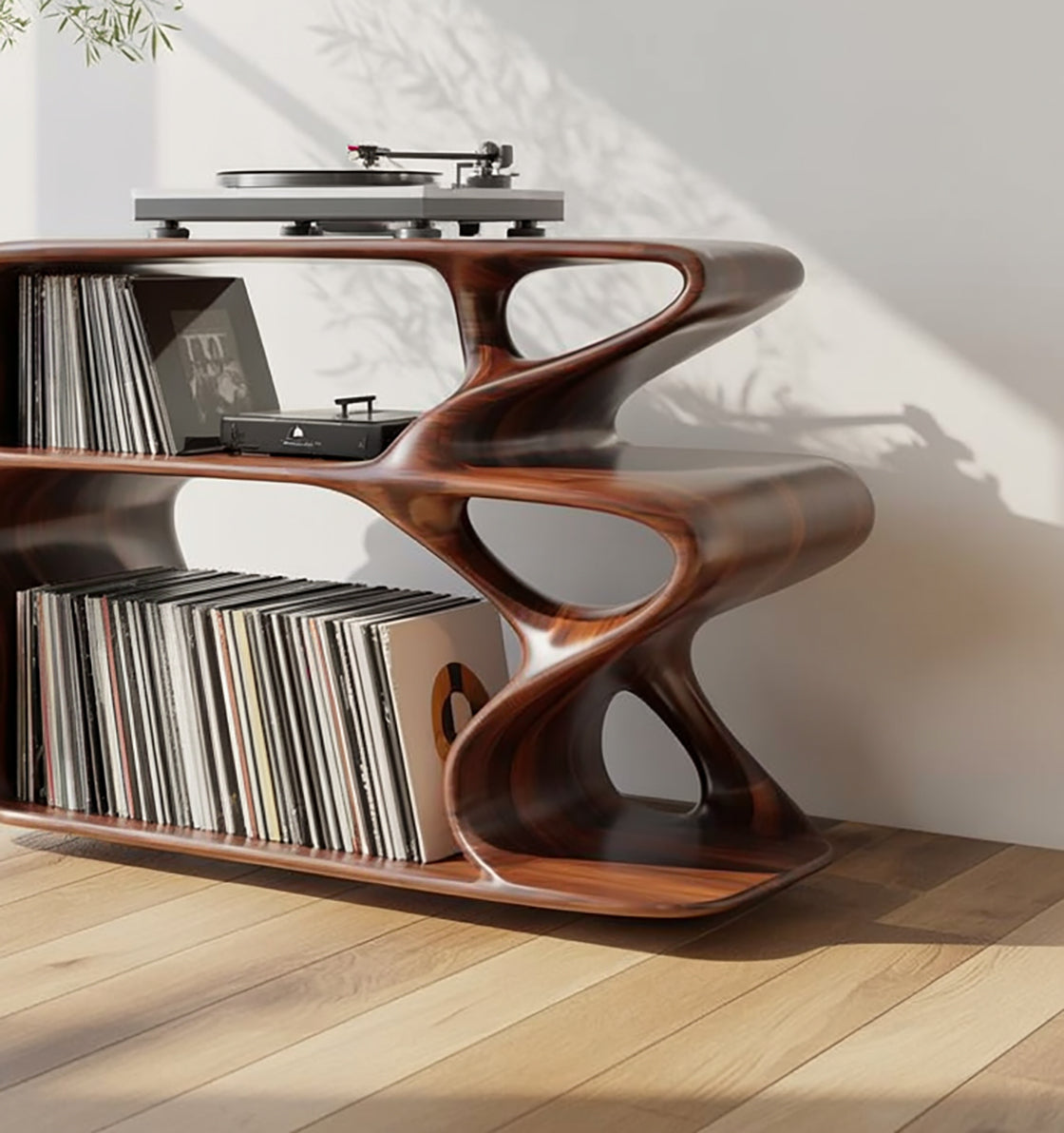 Sculptural Wooden Record Player Stand with Vinyl Storage – Organic Modern Turntable Console