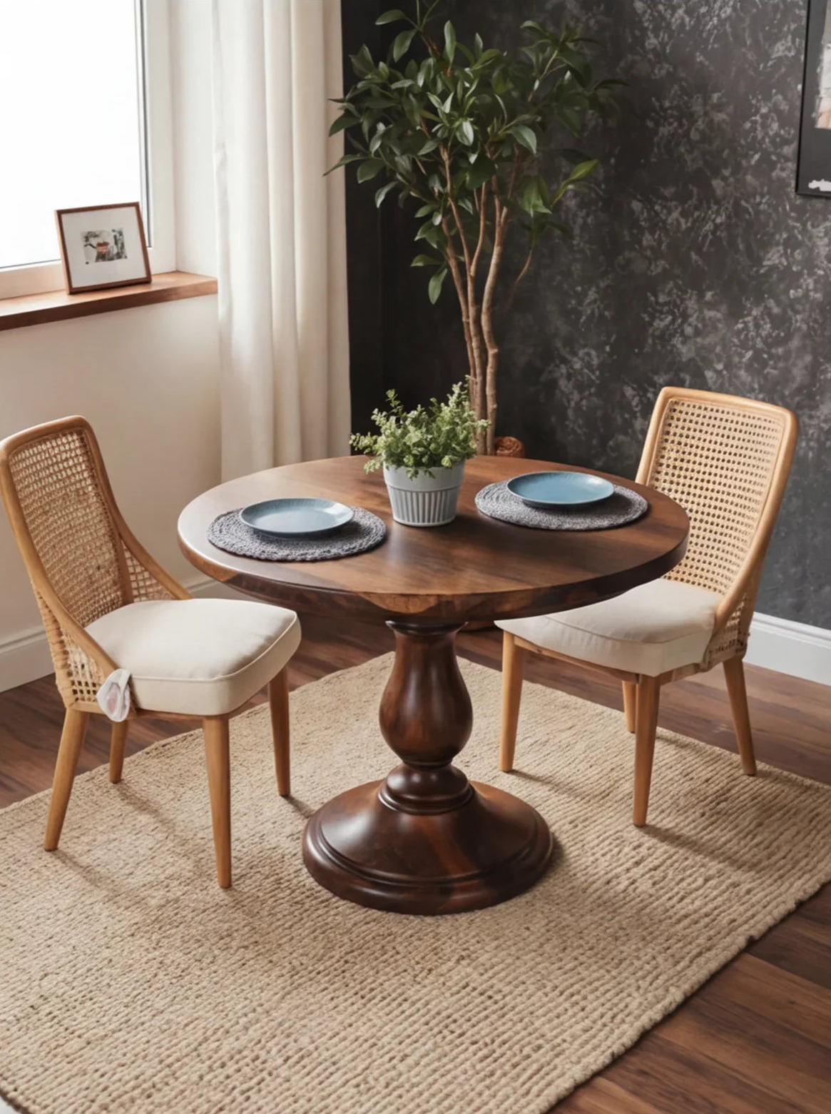 Ronde massief houten keukentafel met twee stoelen in warme moderne kamer