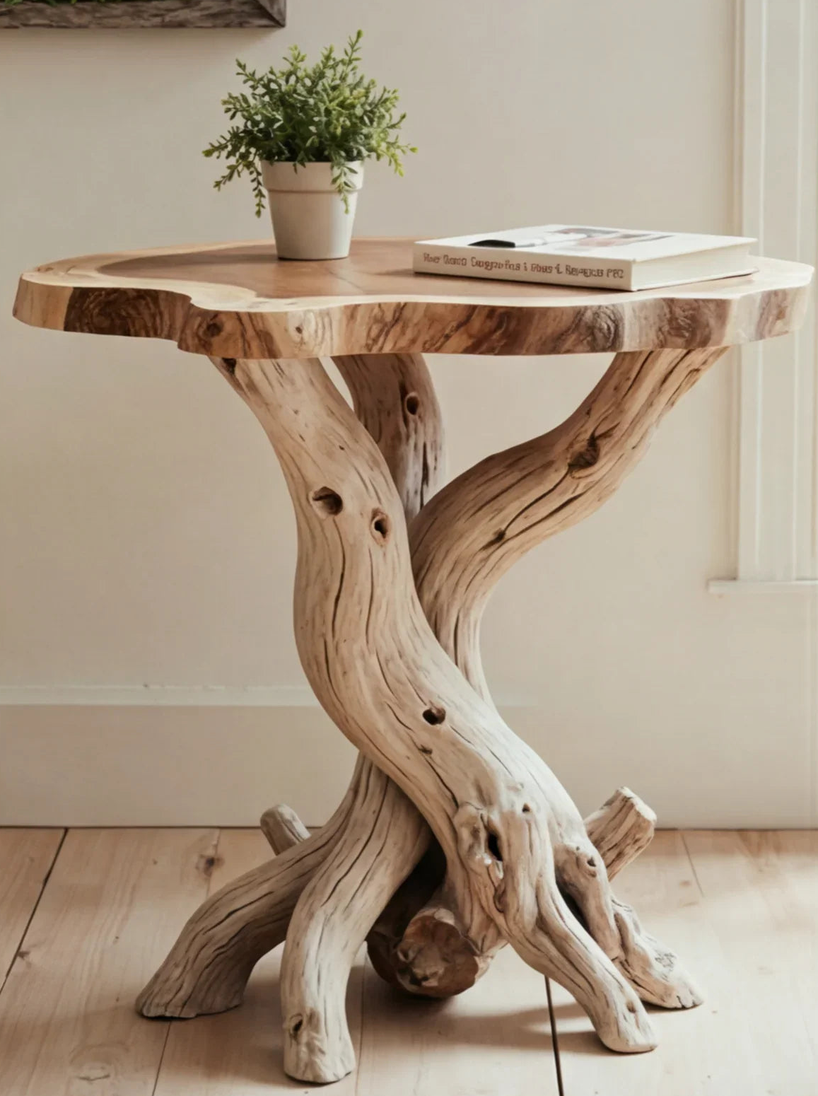 Massief houten bijzettafel met gedraaide takpootjes, plantje en boek op tafelblad