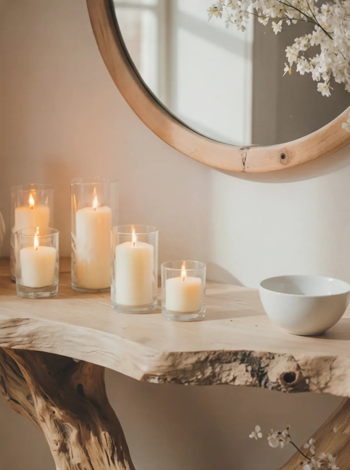 Natuurlijke houten consoletafel met stompkaarsen en moderne wandspiegel