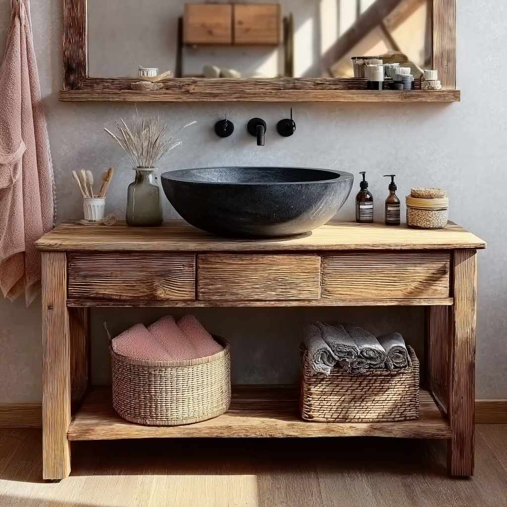 Wooden Rustic Handmade Bathroom Vanity – Live Edge Solid Wood Cabinet Sink Table Countertop