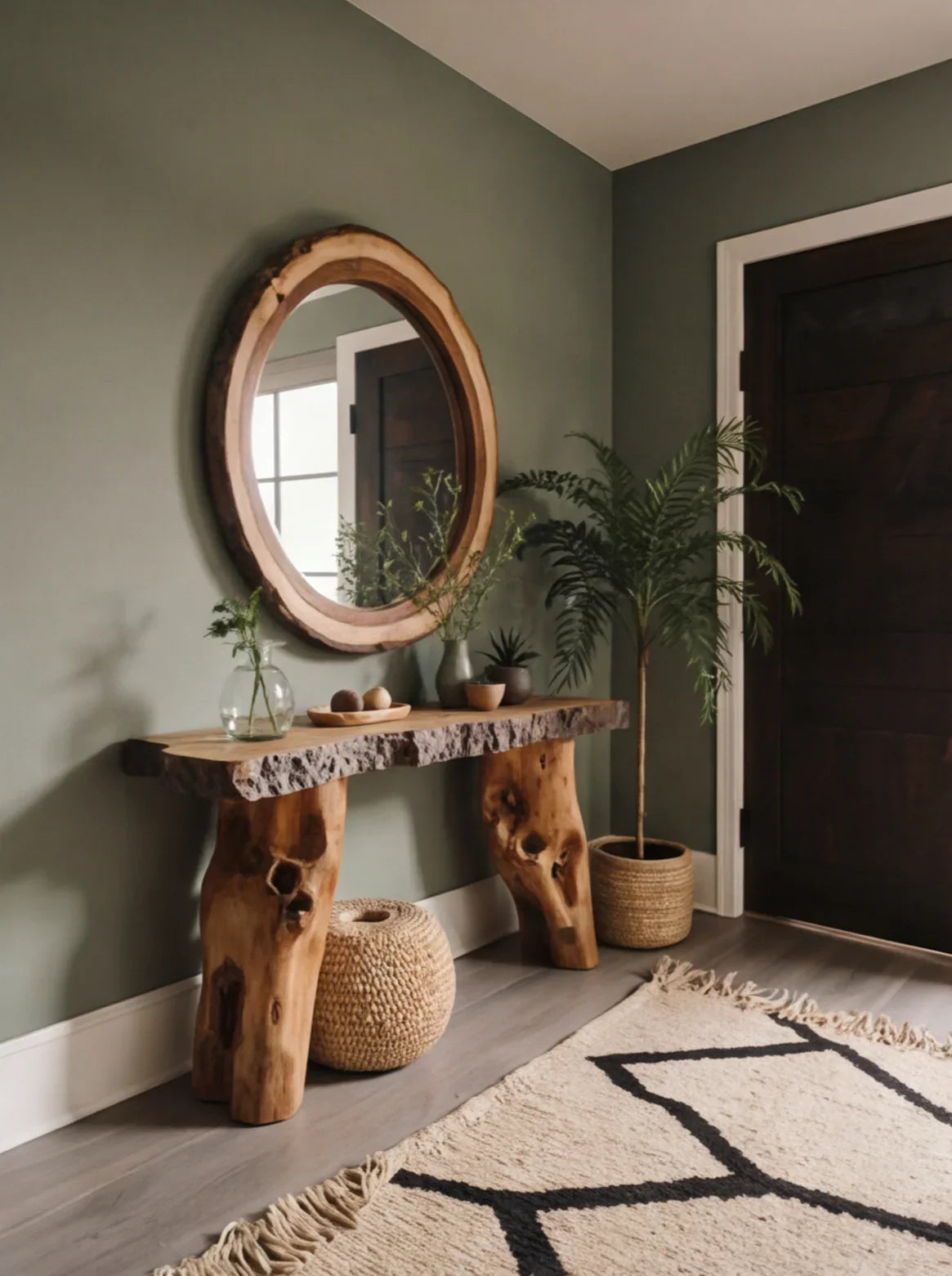 Massief houten sidetable met ronde houten spiegel en plantenbakken bij de entree