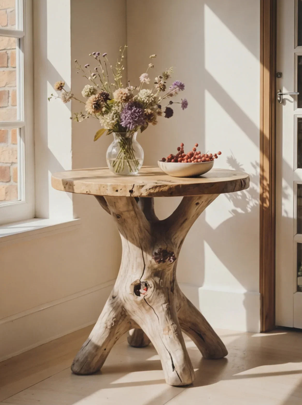 Ronde boomrand tafel van massief hout bij het raam met decoratieve vaas