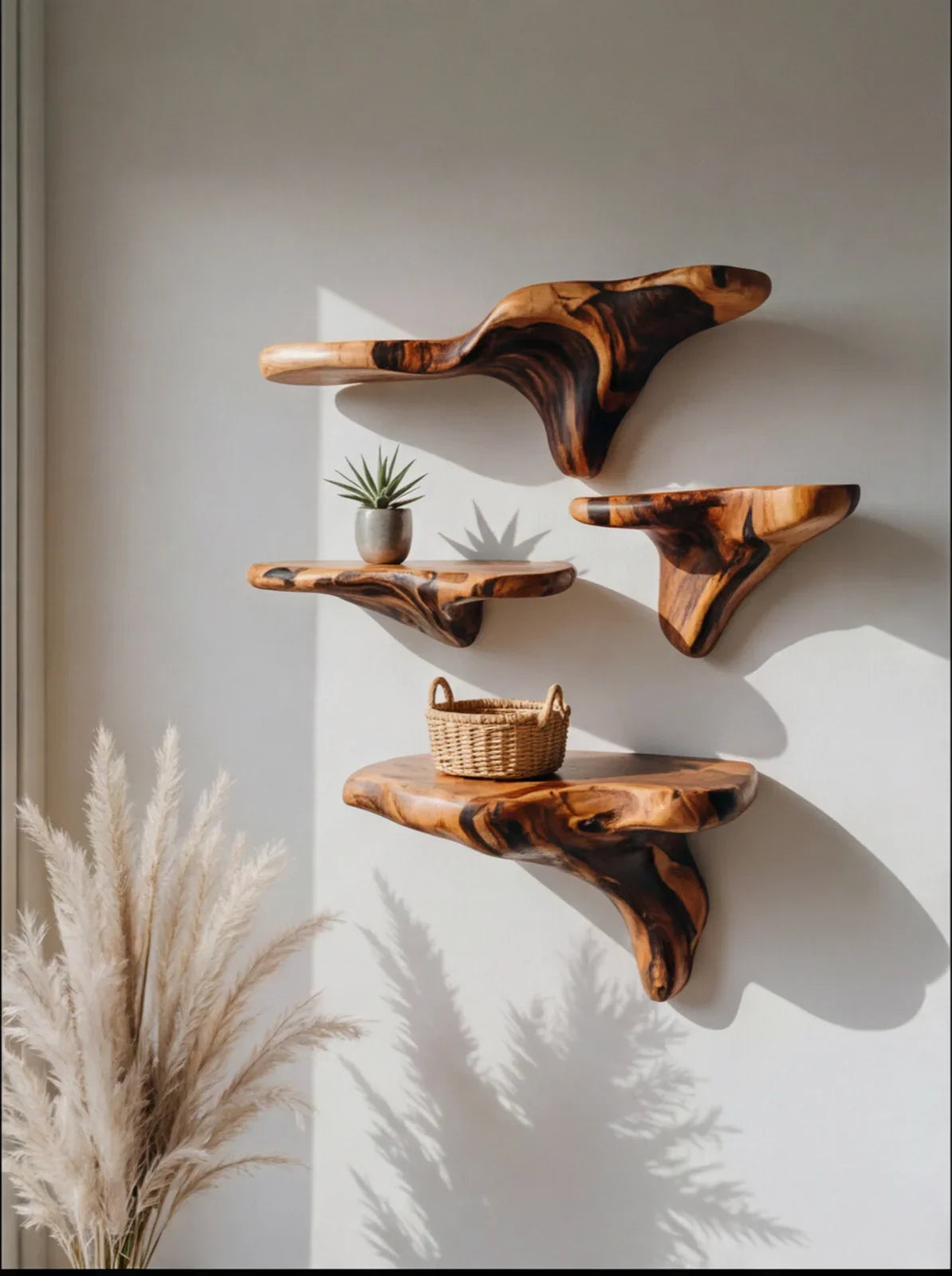 Massief houten zwevende plank met boomrand op witte wand met plant en mand