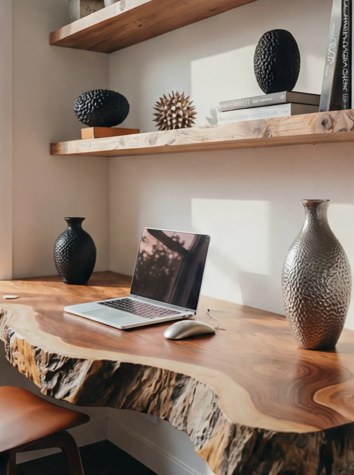 Thuiswerkplek met zwevend boomrand bureau, laptop en bijpassende wandplanken
