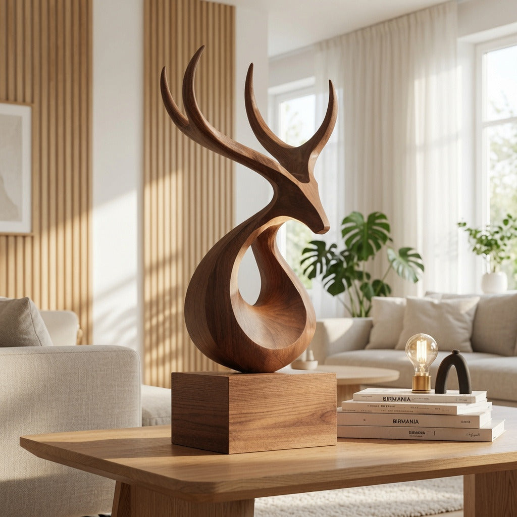 Abstracte gewei-sculptuur van massief hout in een moderne woonkamer
