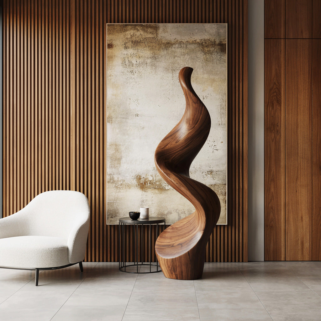 Moderne abstracte houten kunstsculptuur in een minimalistische woonkamer