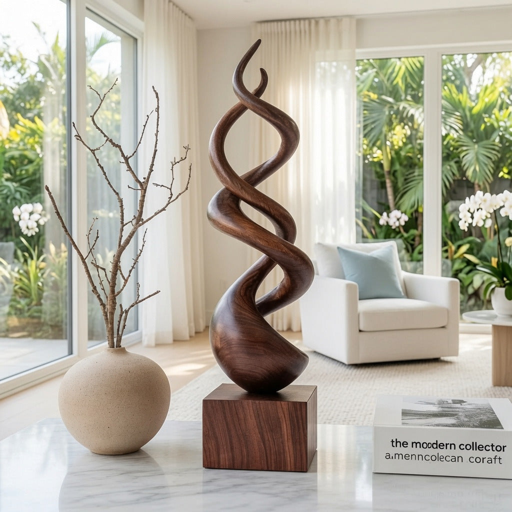 Abstracte getordeerde vloersculptuur van massief hout