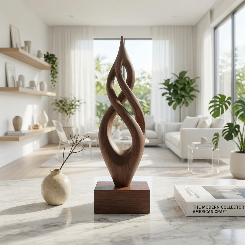 Eigentijdse massief houten sculptuur in een minimalistisch interieur