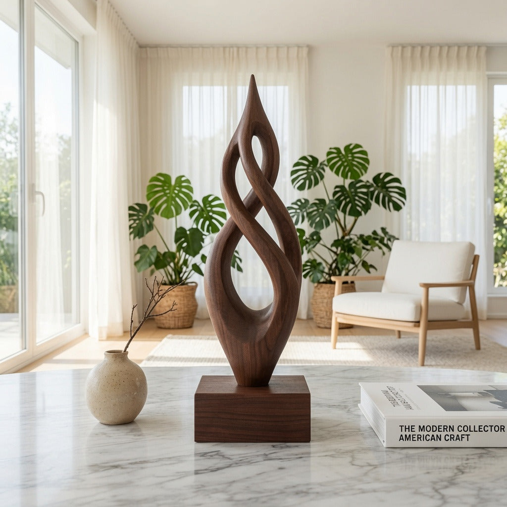 Abstracte houtsculptuur handgemaakt van massief hout