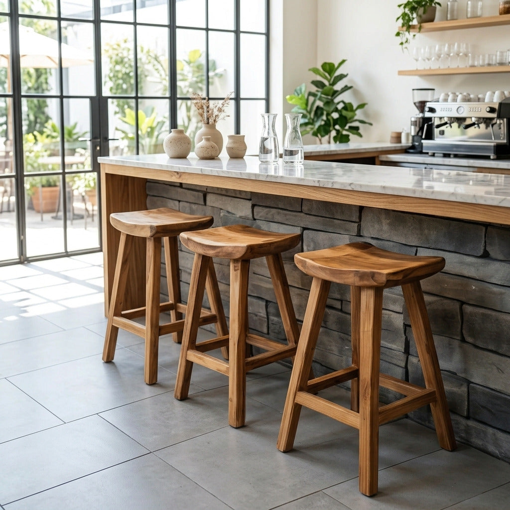 Ambachtelijke massief houten zadel-barkruk in een moderne keuken