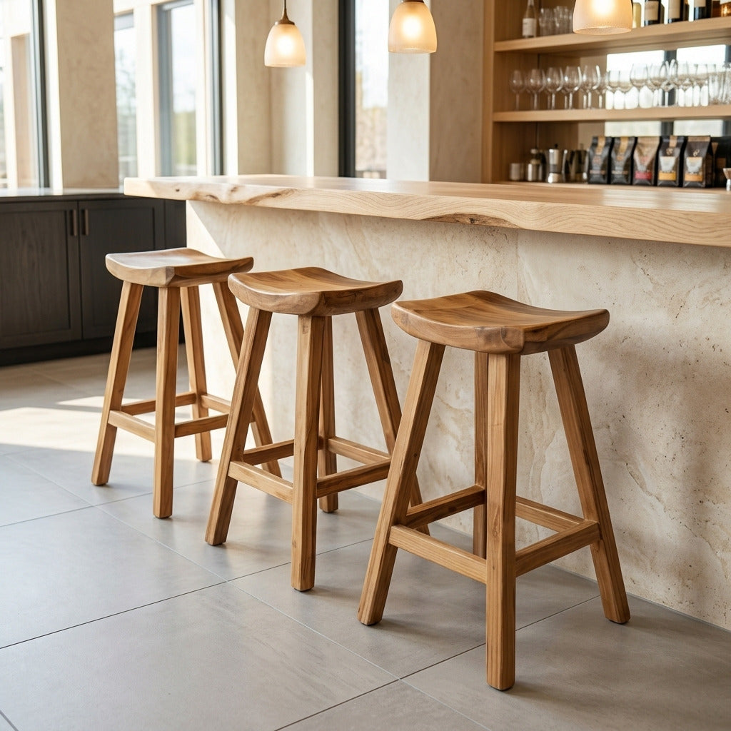 Handgemaakte houten barkruk aan een modern keukeneiland