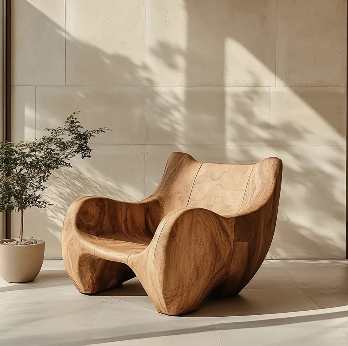 Ambachtelijke sculpturale fauteuil van massief hout met modern design