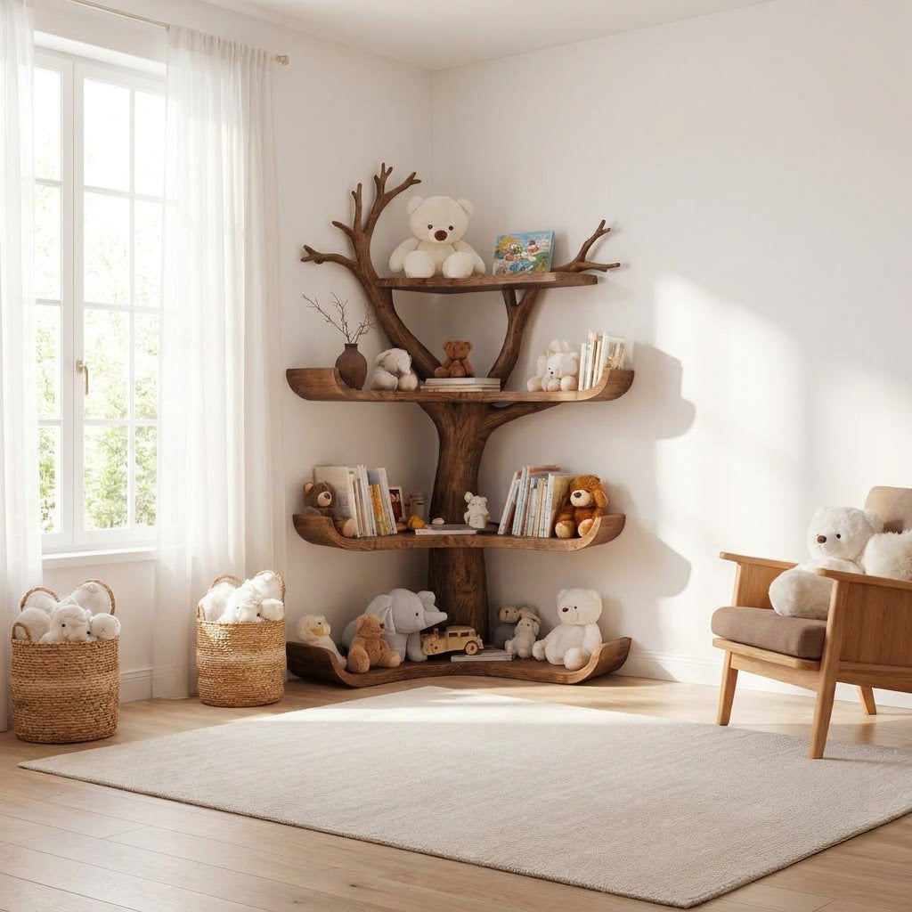 Massief houten boom hoekboekenkast in een sprookjesachtige babykamer