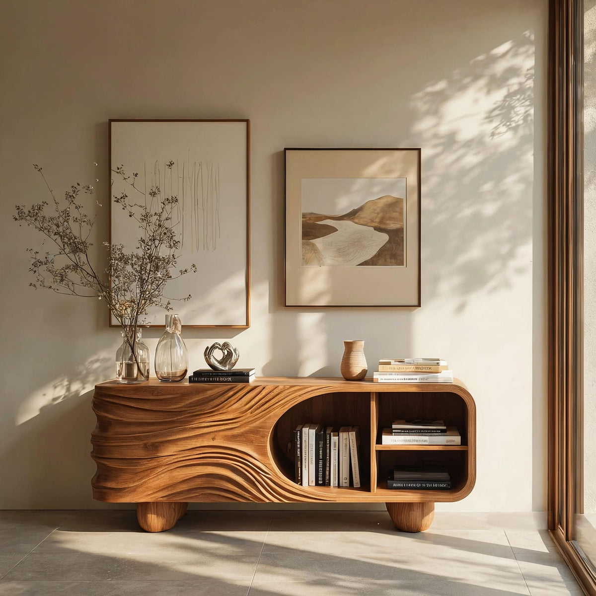 Massief houten dressoir met handgesneden details en geïntegreerde open schappen