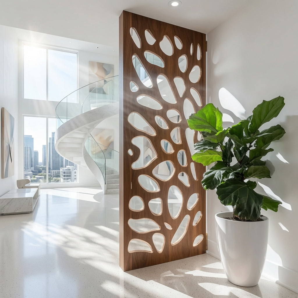 Moderne houten roomdivider in een minimalistisch interieur
