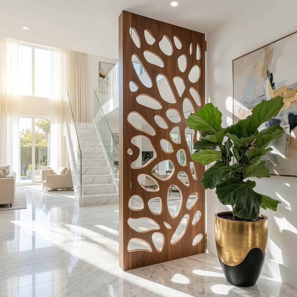 Eigentijdse sculpturale roomdivider van massief hout
