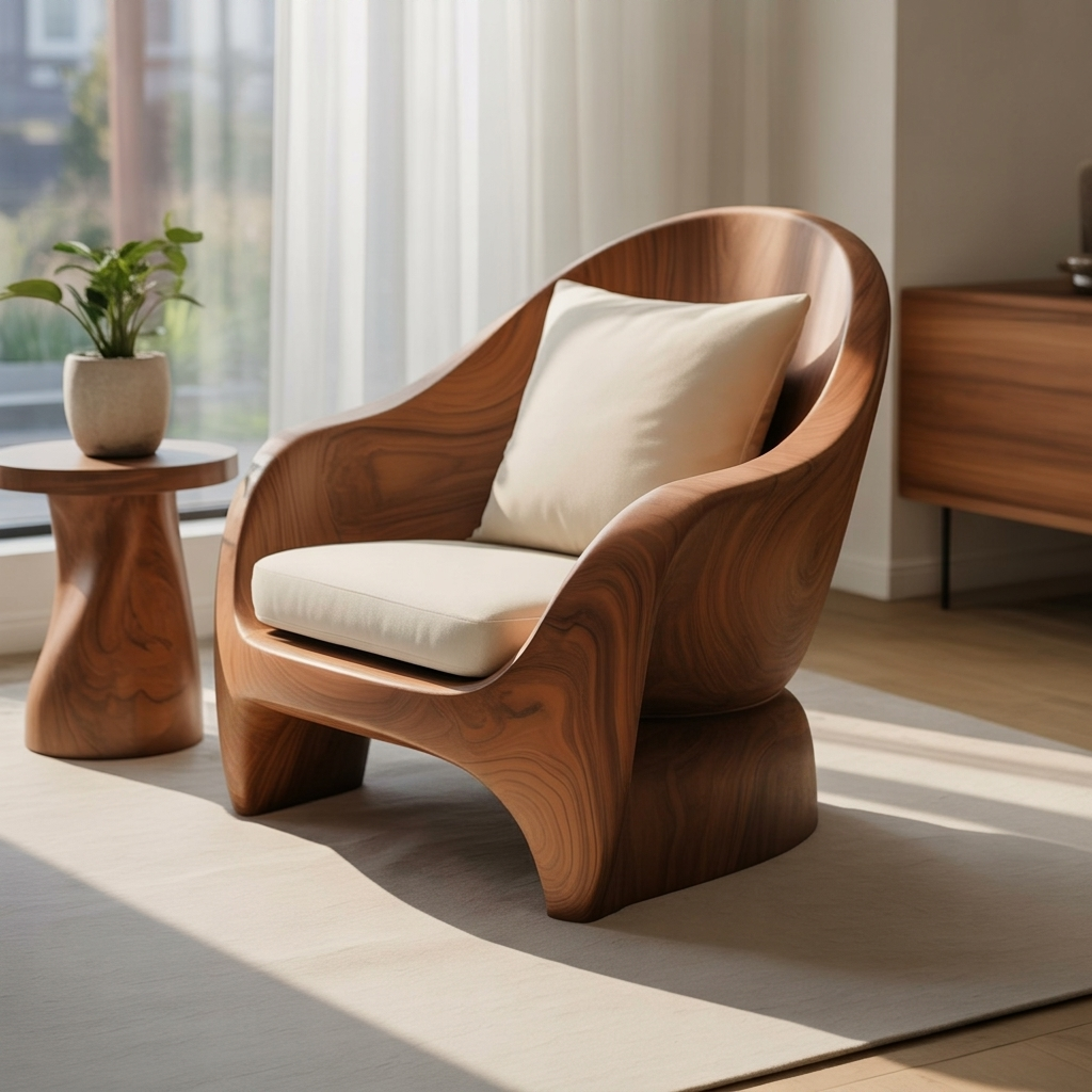 Organische moderne loungestoel met gebogen houten silhouet