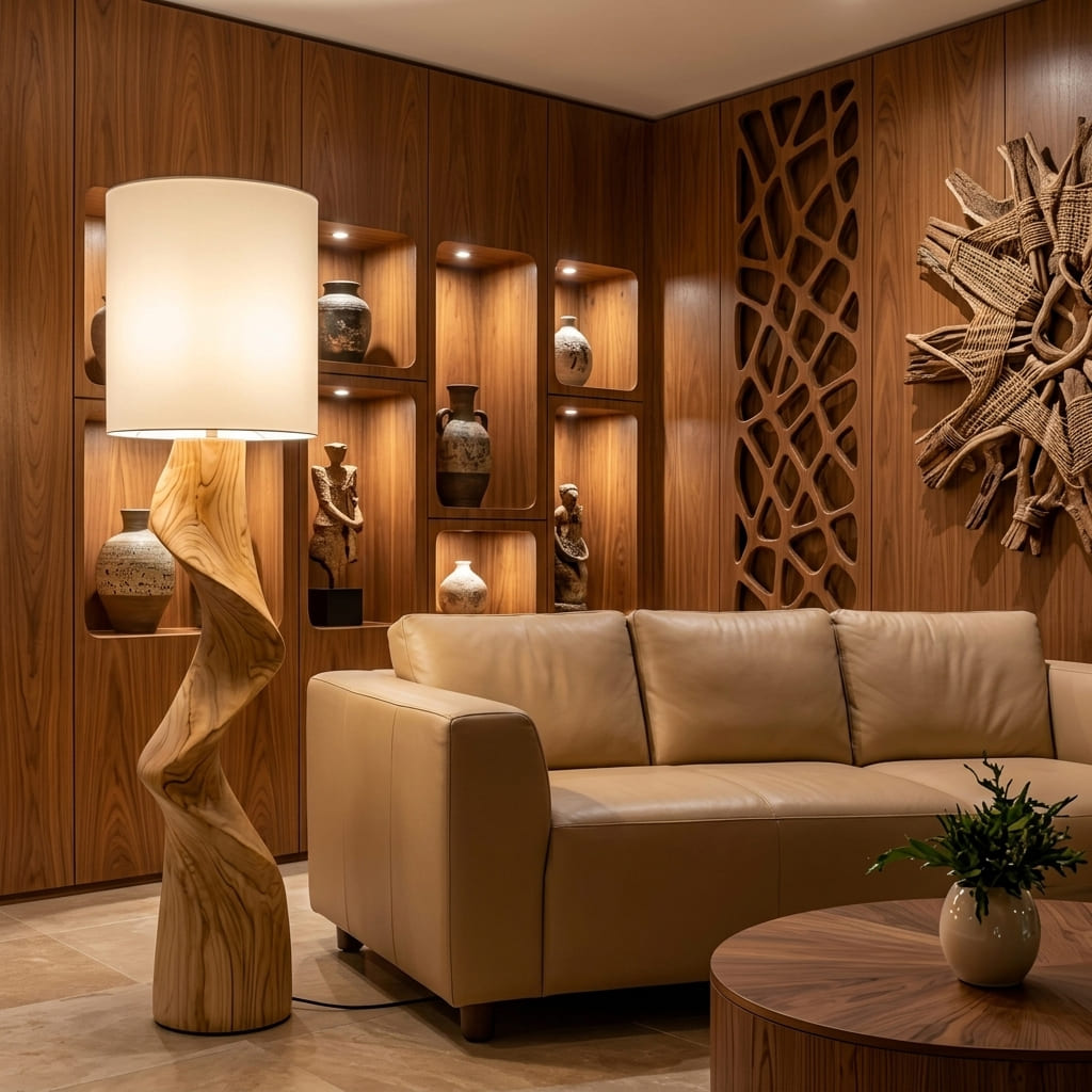 Artistieke massief houten vloerlamp in een moderne woonkamer