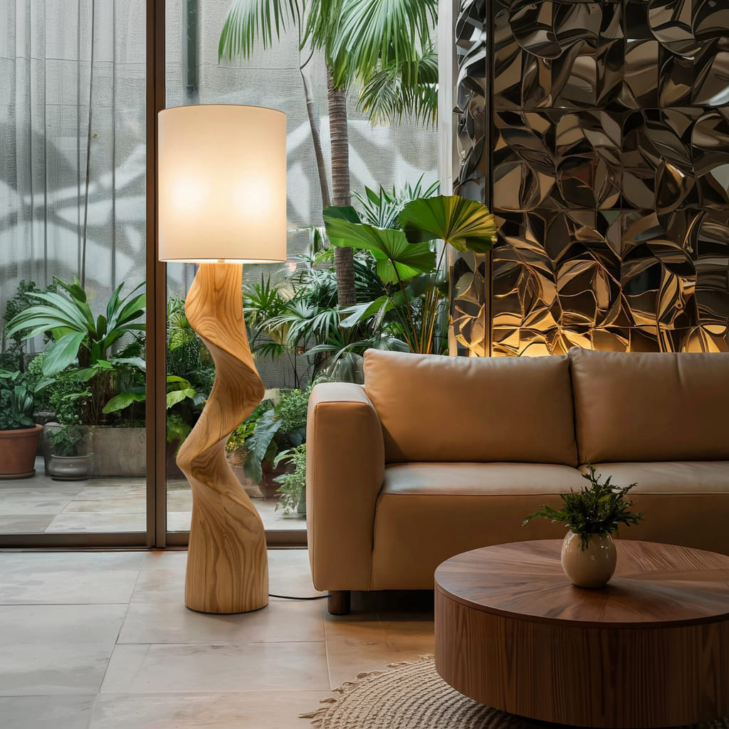 Artistieke massief houten vloerlamp met getordeerd silhouet voor luxe woonruimtes