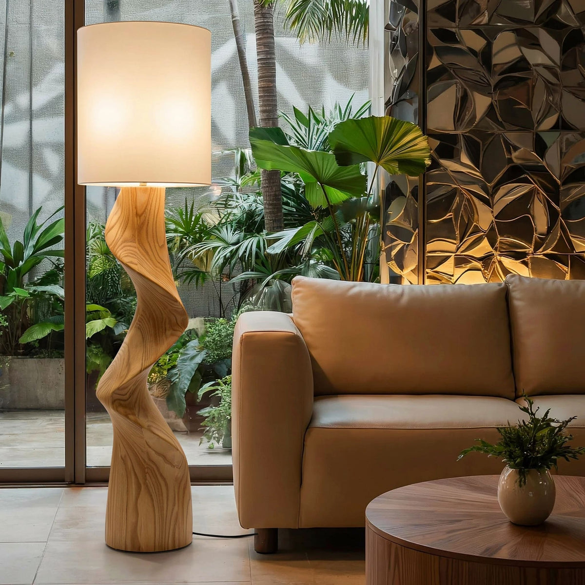 Artistieke organische getordeerde massief houten vloerlamp van natuurlijk hardhout