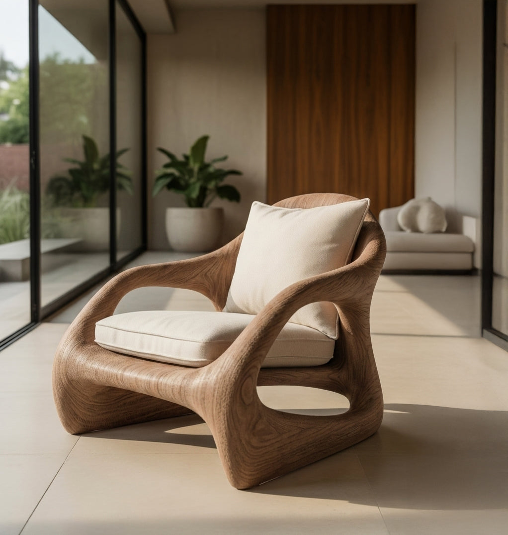 Houten lounge fauteuil met ambachtelijke artistieke vorm