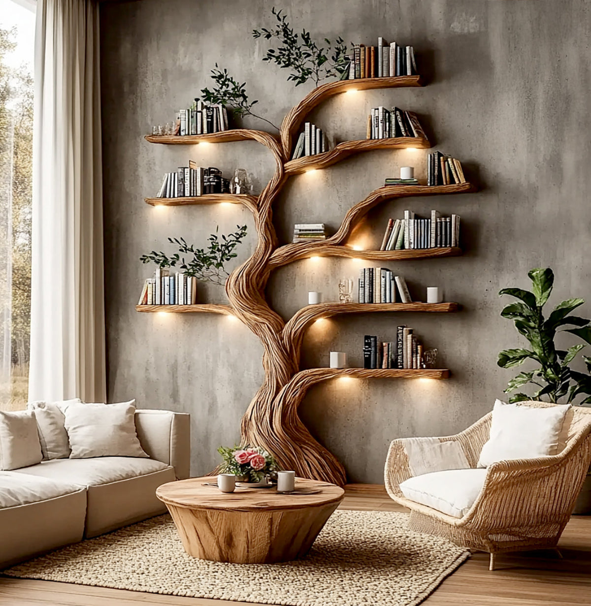 Massief houten boomboekenplank met verlichting achter een salontafel