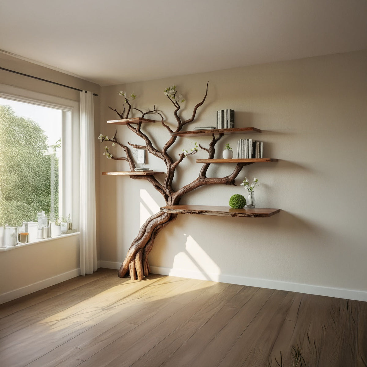 Handgemaakte massief houten boomboekenplank in een eigentijdse woonkamer