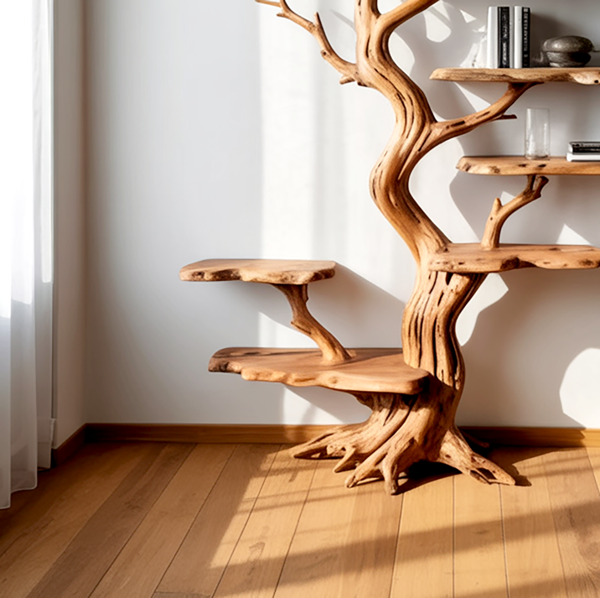 Handgemaakte houten boom wandboekenplank met takkenontwerp