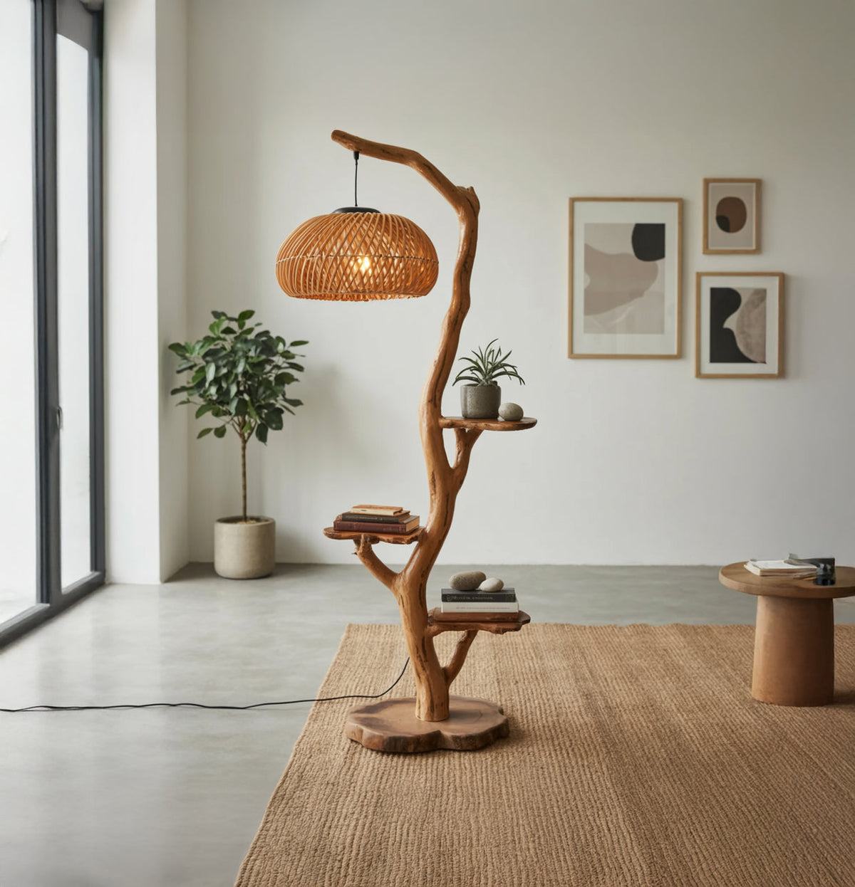 Artistieke houten boom vloerlamp met schappen in Japandi design
