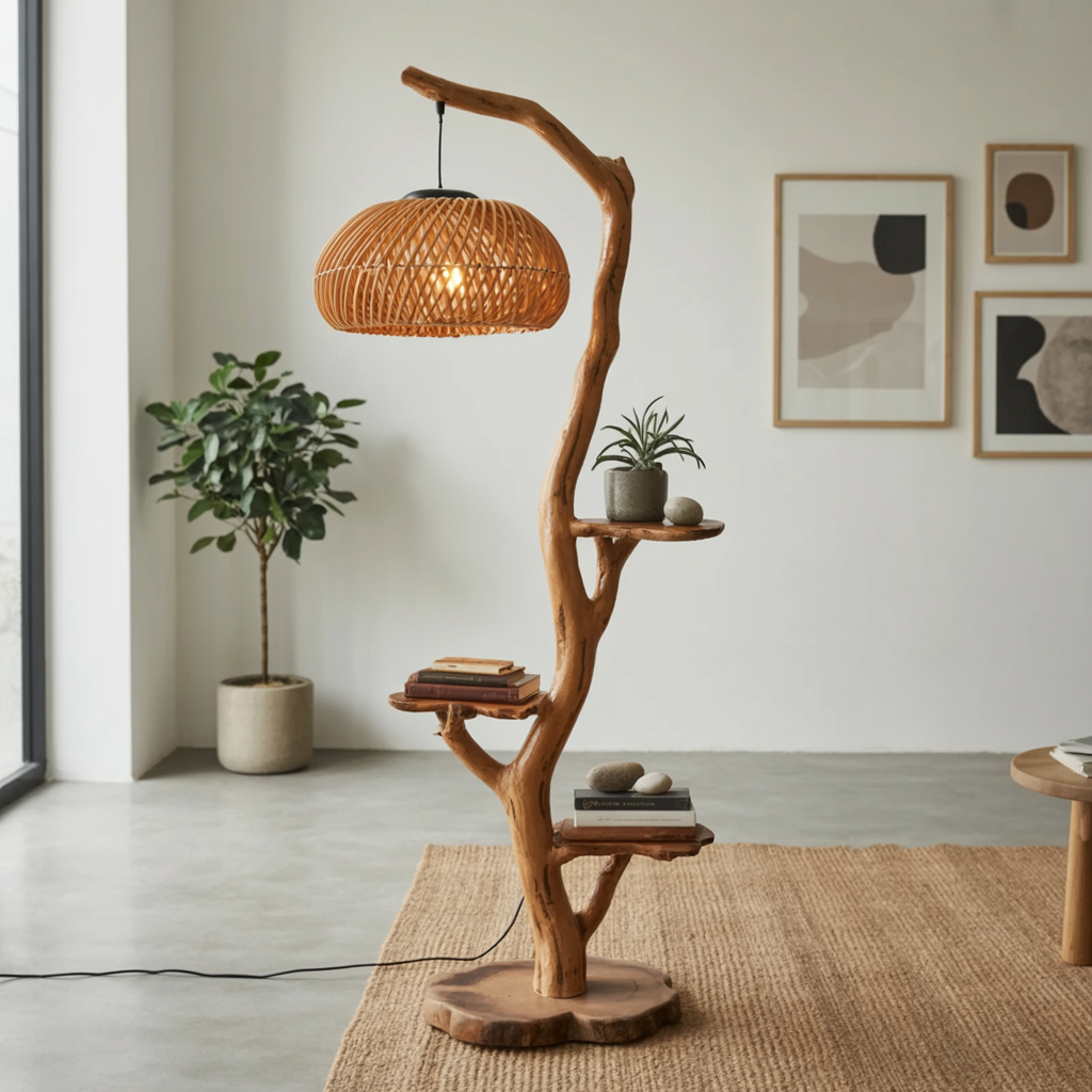 Sculpturale houten vloerlamp voor organisch moderne interieurs