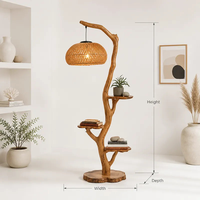 Japandi Houten Boom Vloerlamp - Met Schappen Massief Hout