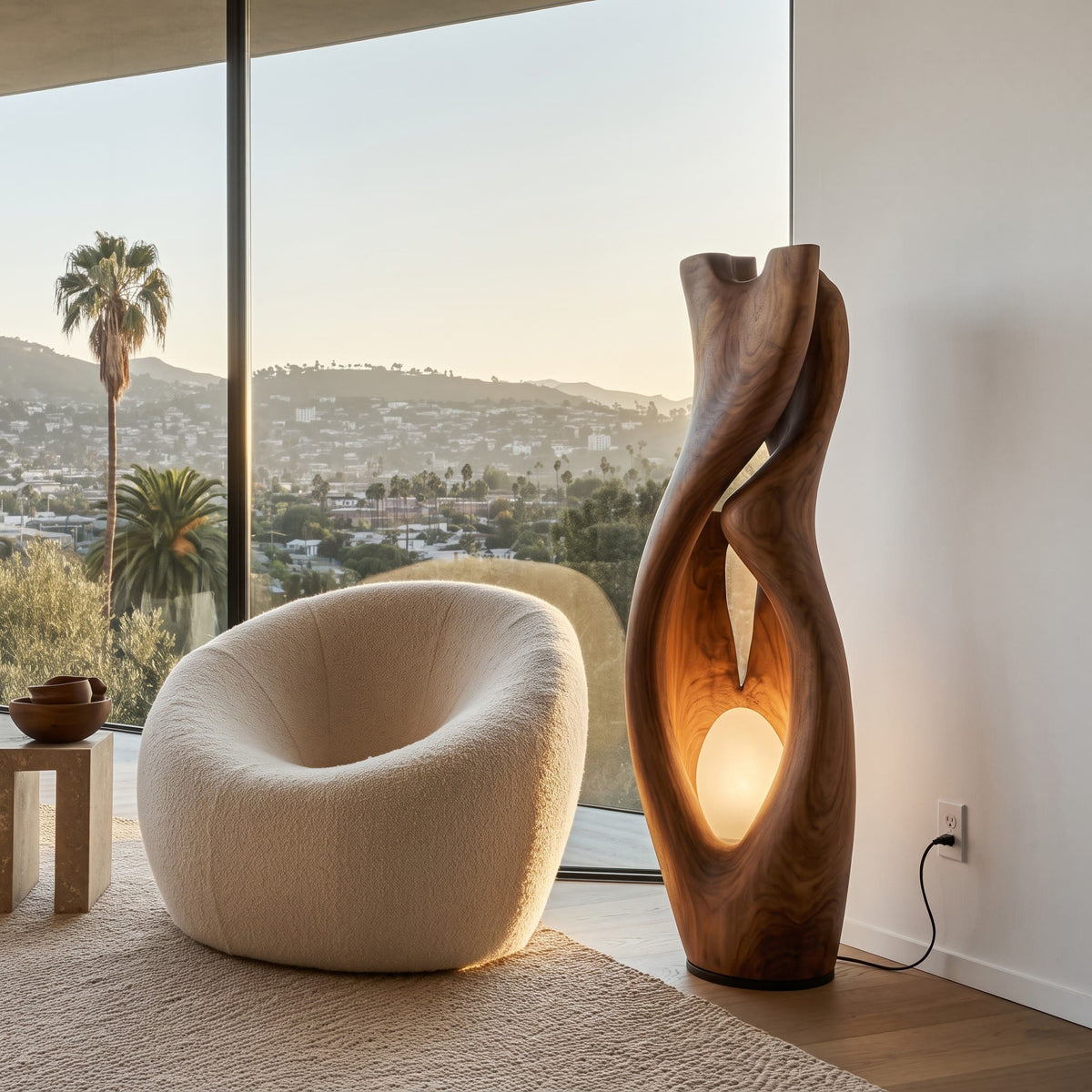Authentieke handgesneden abstracte vloerlamp van massief hout