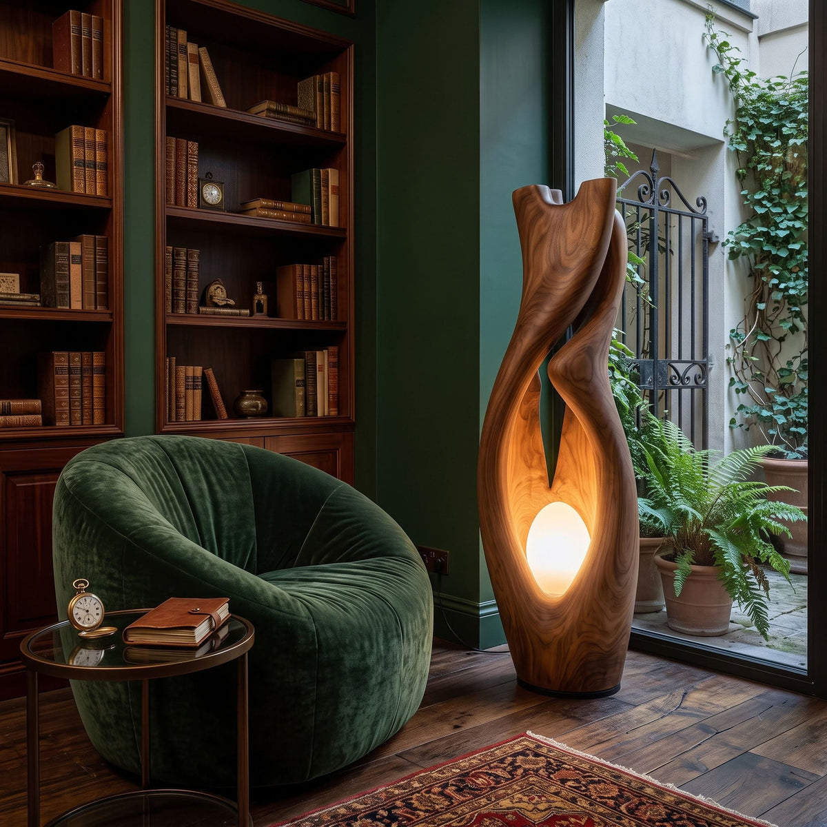 Handgesneden massief houten vloerlamp als sculpturaal accentlicht