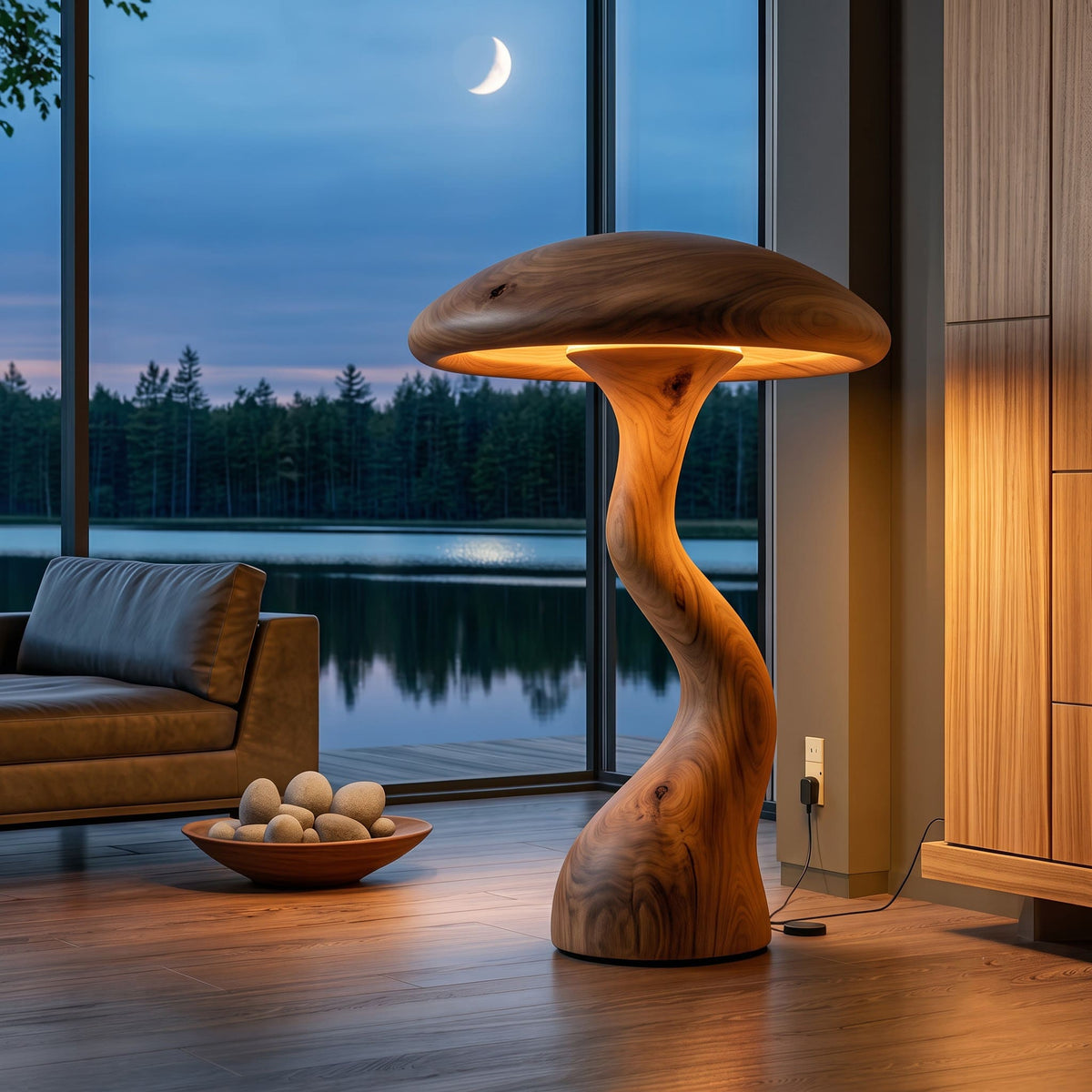 Authentieke handgesneden paddenstoel vloerlamp van massief hout