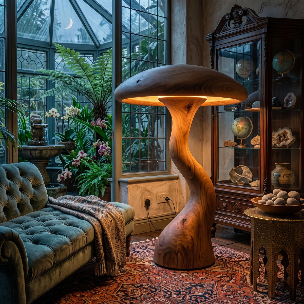 Artistieke massief houten paddenstoel lamp in een modern interieur