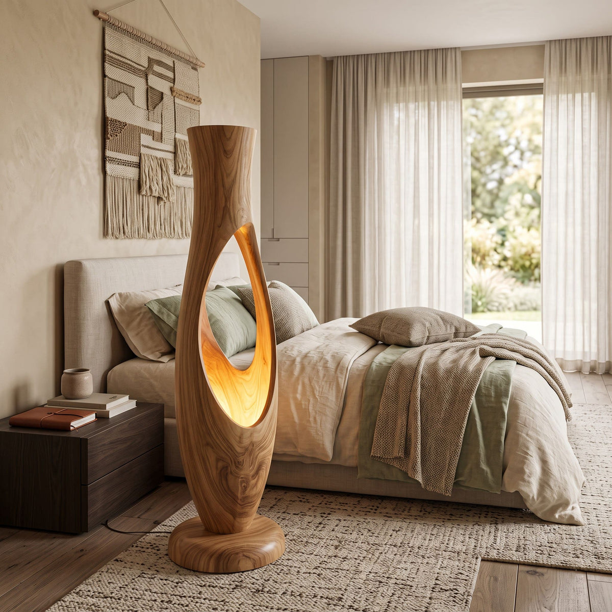 Organic solid wood floor lamp displayed in a minimalist bedroom