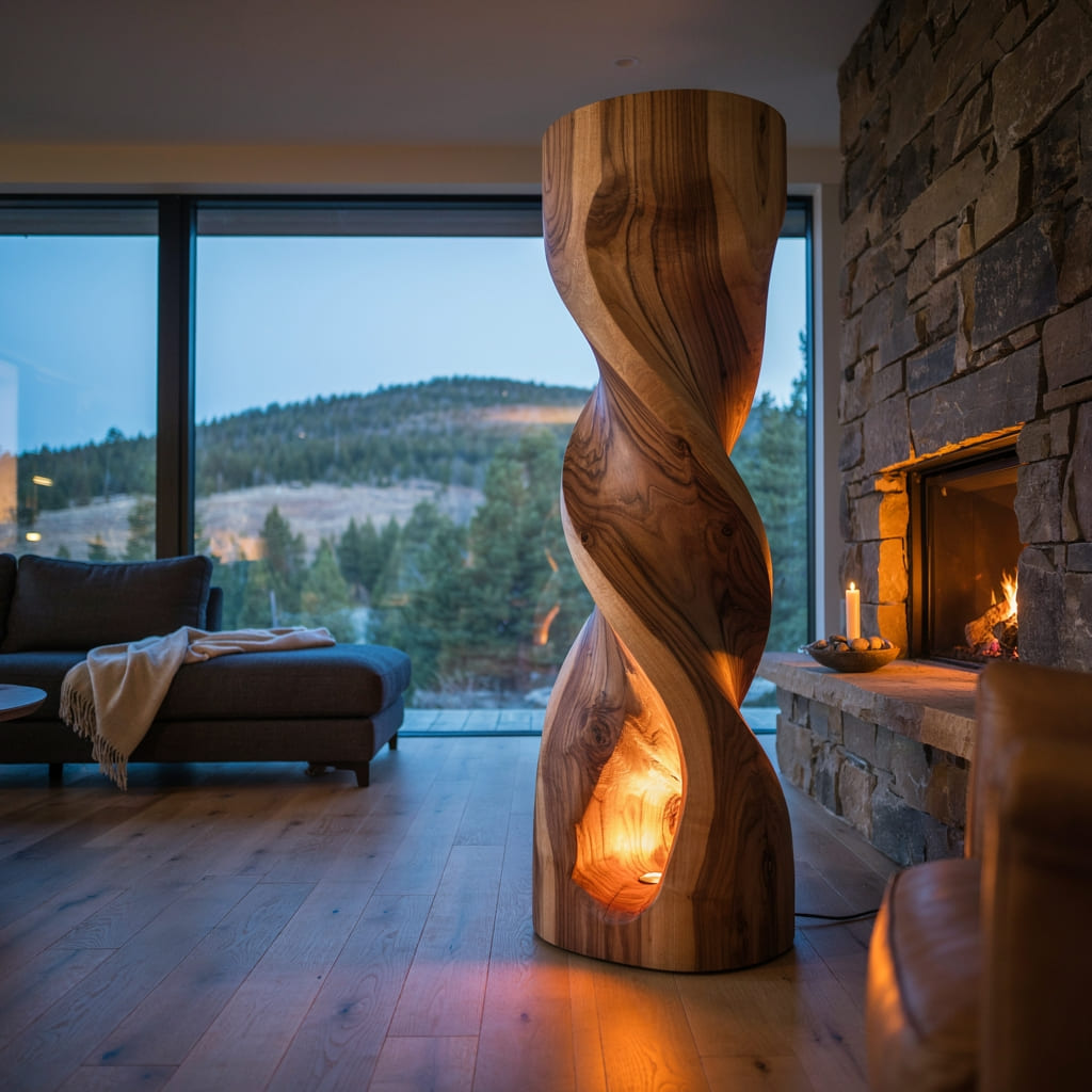 Sculpturale Spiraal Vloerlamp - Massief Hout Lichtzuil
