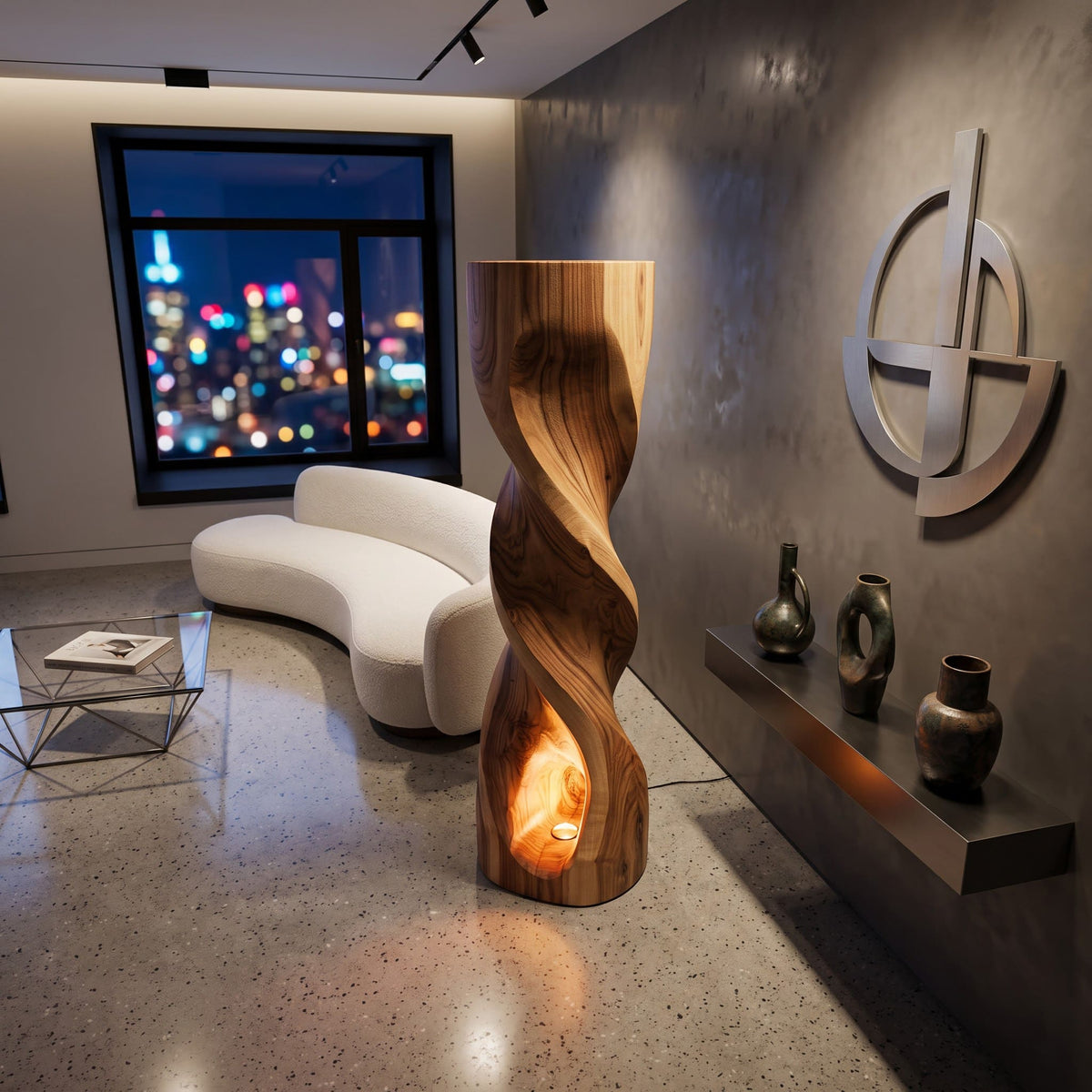 Sculpturale Spiraal Vloerlamp - Massief Hout Lichtzuil