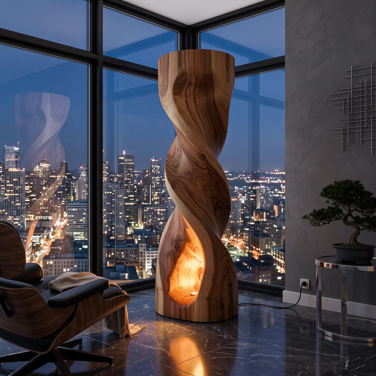 Sculpturale Spiraal Vloerlamp - Massief Hout Lichtzuil